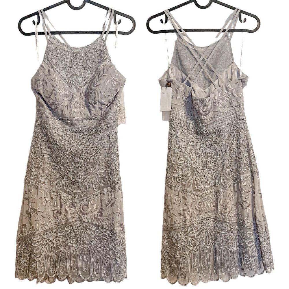Sue Wong Embroidered Cocktail Dress Silver 2